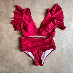 Red Ruffle High Waisted Swimsuit Two Piece Tropical Print Push Up Bathing Suit M